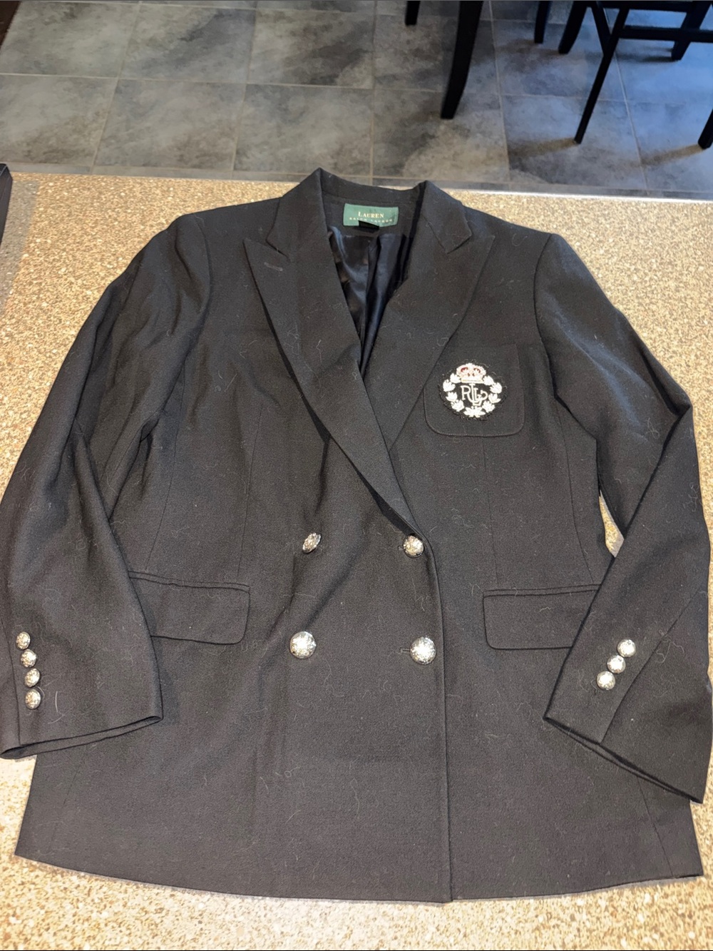 Lauren Ralph Lauren Black Double-Breasted Wool Blazer with Crest Patch